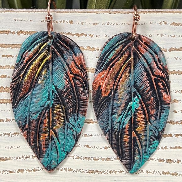 Patina Leaf Drop Earrings - Picture 3 of 6